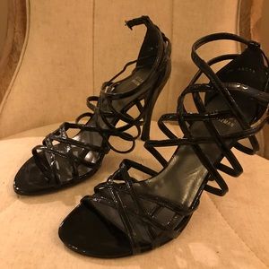 Stuart Weitzman black strappy patent leather heel